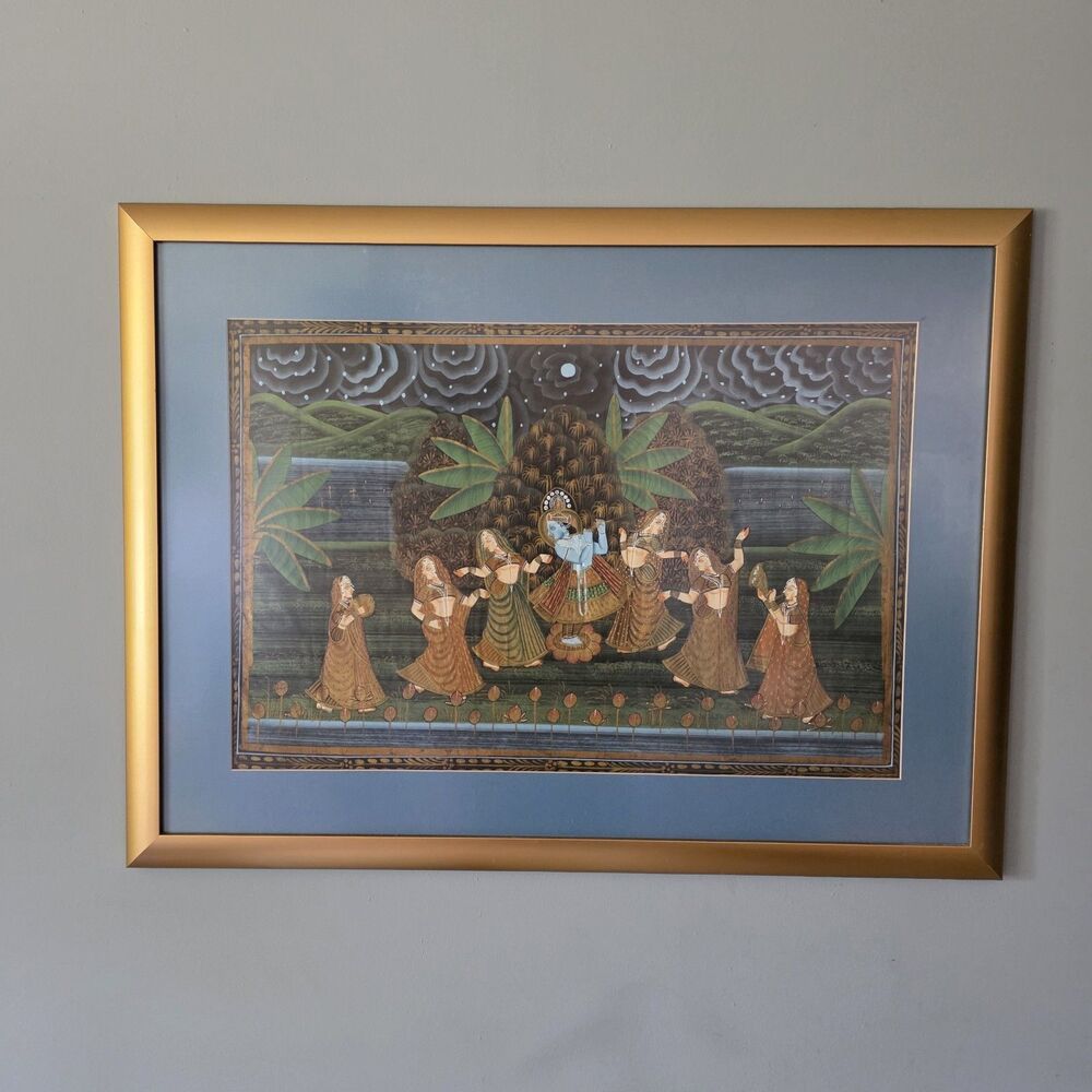 Vtg Radha Krishna Painting, Hand Painted, Hindu God Godess, 33.5"x25.25" Framed